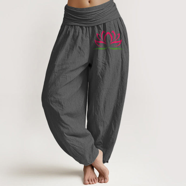 Buddha Stonesシンプルデザイン ピンク 蓮柄 純綿 レディース 伸縮性ウエスト ハーレムパンツ - グレー - US22、 UK/AU26、 EU54 (6XL) - image 8