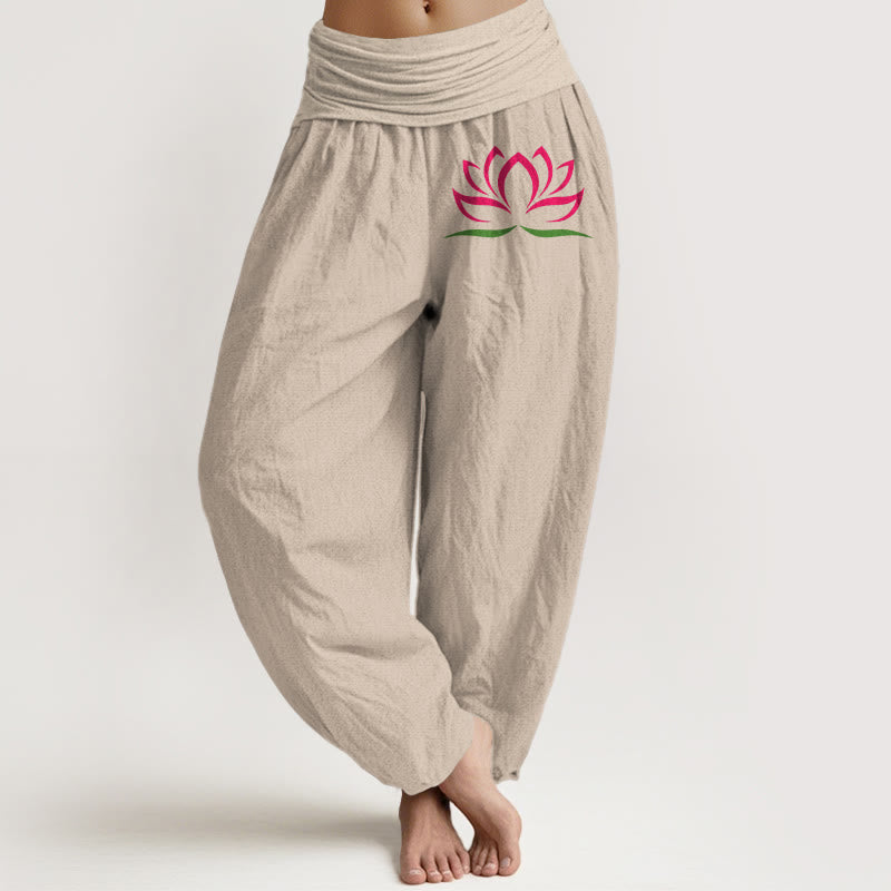 Buddha Stonesシンプルデザイン ピンク 蓮柄 純綿 レディース 伸縮性ウエスト ハーレムパンツ - タン - US22、 UK/AU26、 EU54 (6XL) - image 11