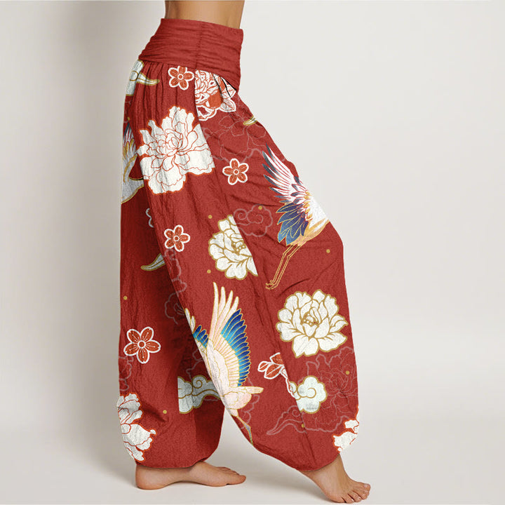 Buddha Stonesプリント 鶴 牡丹柄 レディース 伸縮性ウエスト ハーレム 純綿パンツ - image 7
