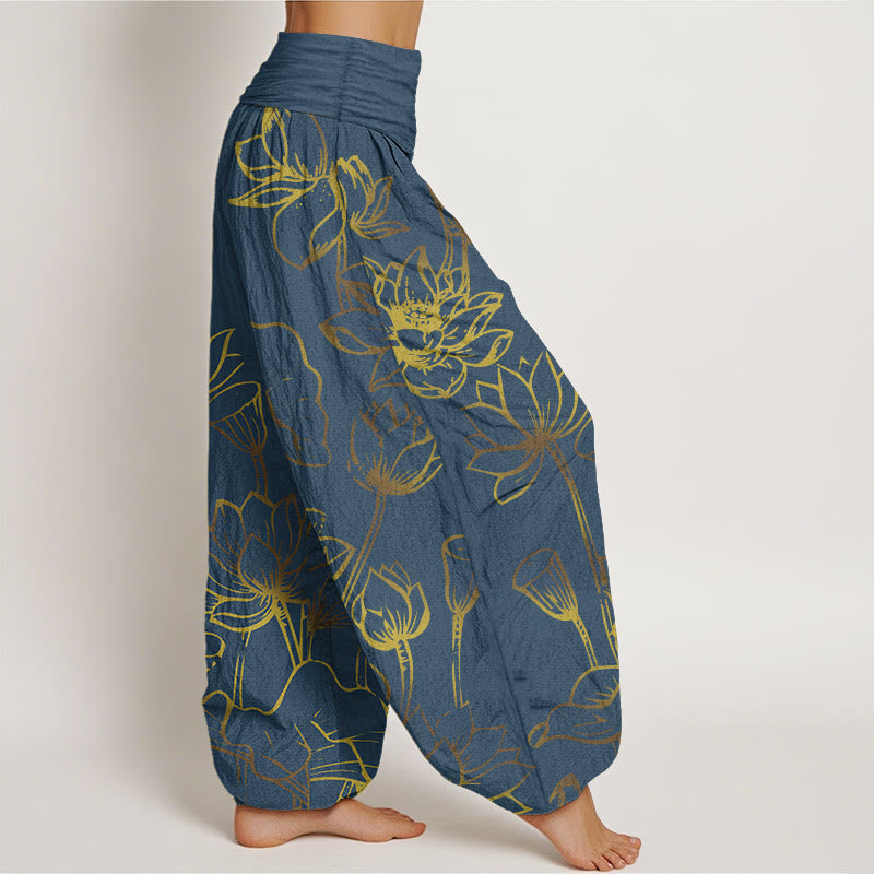 Buddha Stonesプリント 蓮の花と葉柄 レディース 伸縮性ウエスト ハーレム コットンパンツ - image 2