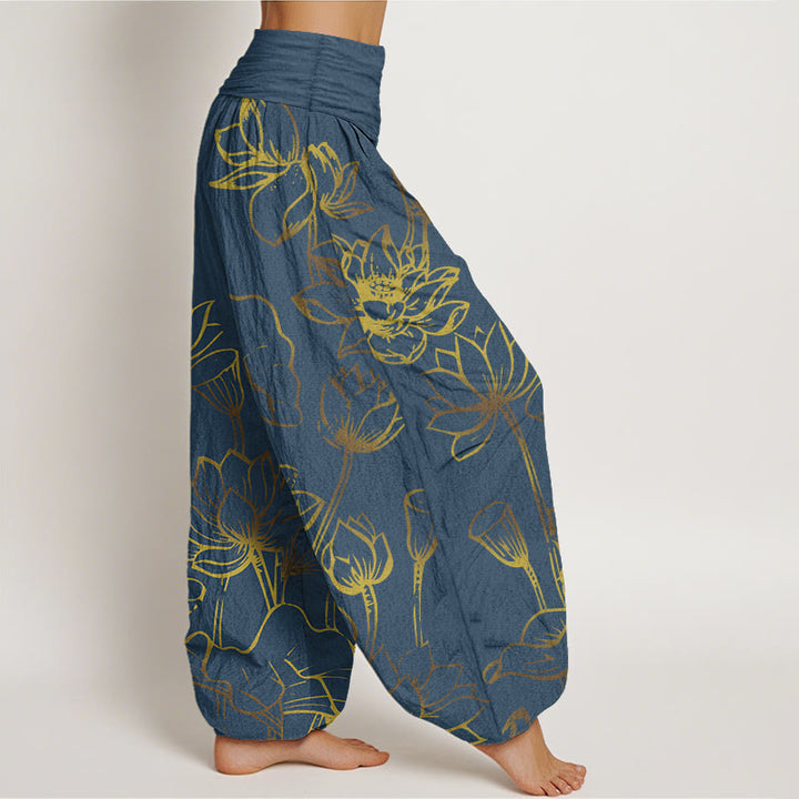 Buddha Stonesプリント 蓮の花と葉柄 レディース 伸縮性ウエスト ハーレム コットンパンツ - image 1