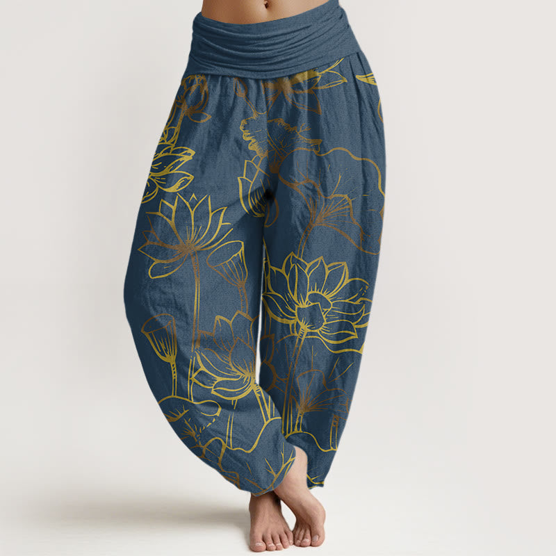 Buddha Stonesプリント 蓮の花と葉柄 レディース 伸縮性ウエスト ハーレム コットンパンツ - スティールブルー - US22、 UK/AU26、 EU54 (6XL) - image 0