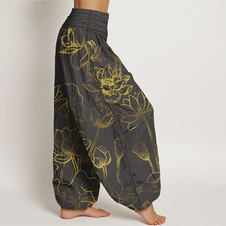 Buddha Stonesプリント 蓮の花と葉柄 レディース 伸縮性ウエスト ハーレム コットンパンツ - image 9