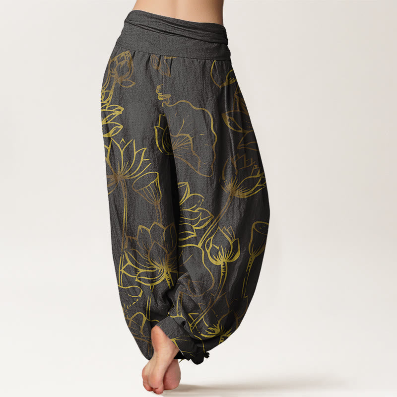 Buddha Stonesプリント 蓮の花と葉柄 レディース 伸縮性ウエスト ハーレム コットンパンツ - image 10