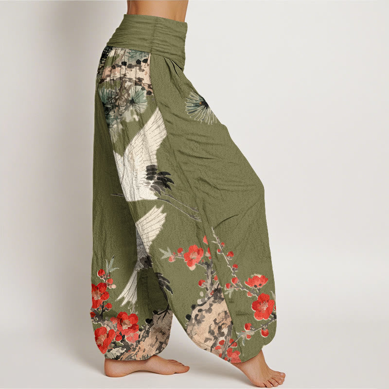 Buddha Stonesプリント鶴梅柄レディース伸縮性ウエストハーレムコットンパンツ - image 7