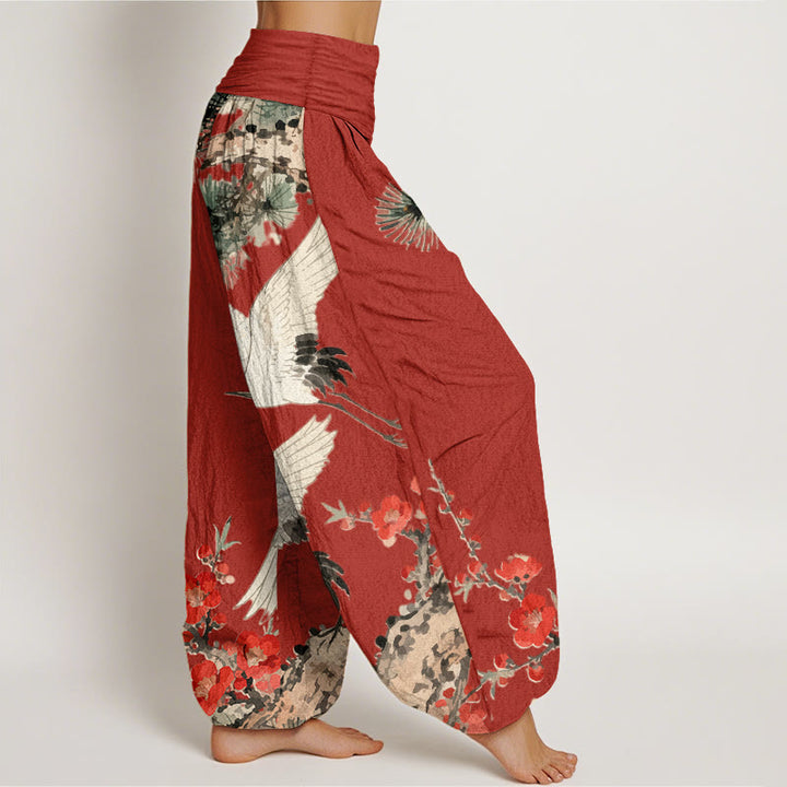 Buddha Stonesプリント鶴梅柄レディース伸縮性ウエストハーレムコットンパンツ - image 10