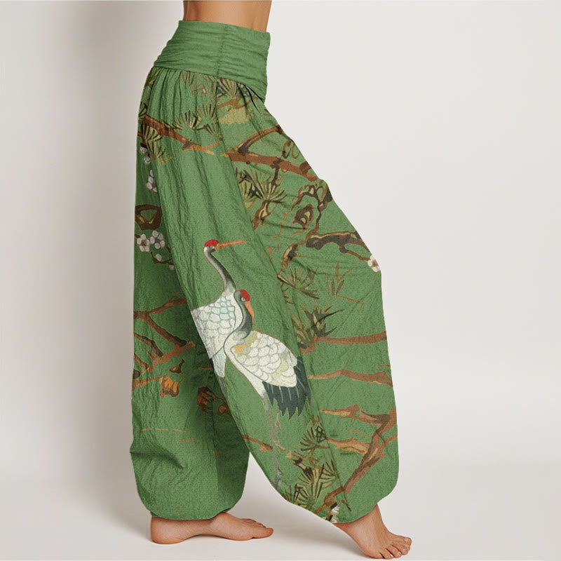 Buddha Stonesプリント 梅の花 鶴 松の木柄 レディース ウエストゴム ハーレム コットンパンツ - image 2