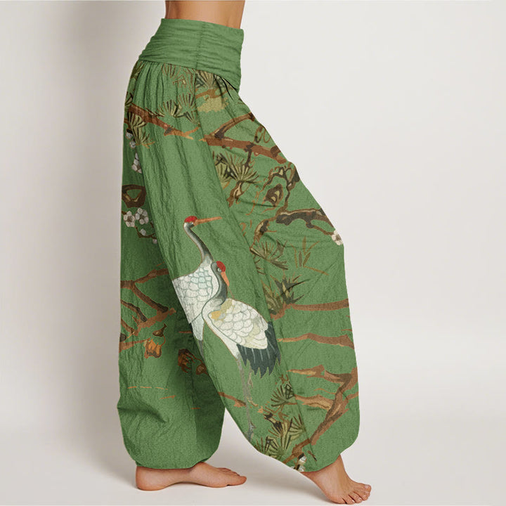 Buddha Stonesプリント 梅の花 鶴 松の木柄 レディース ウエストゴム ハーレム コットンパンツ - image 2