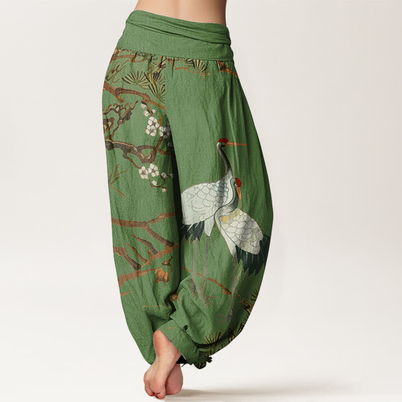 Buddha Stonesプリント 梅の花 鶴 松の木柄 レディース ウエストゴム ハーレム コットンパンツ - image 1