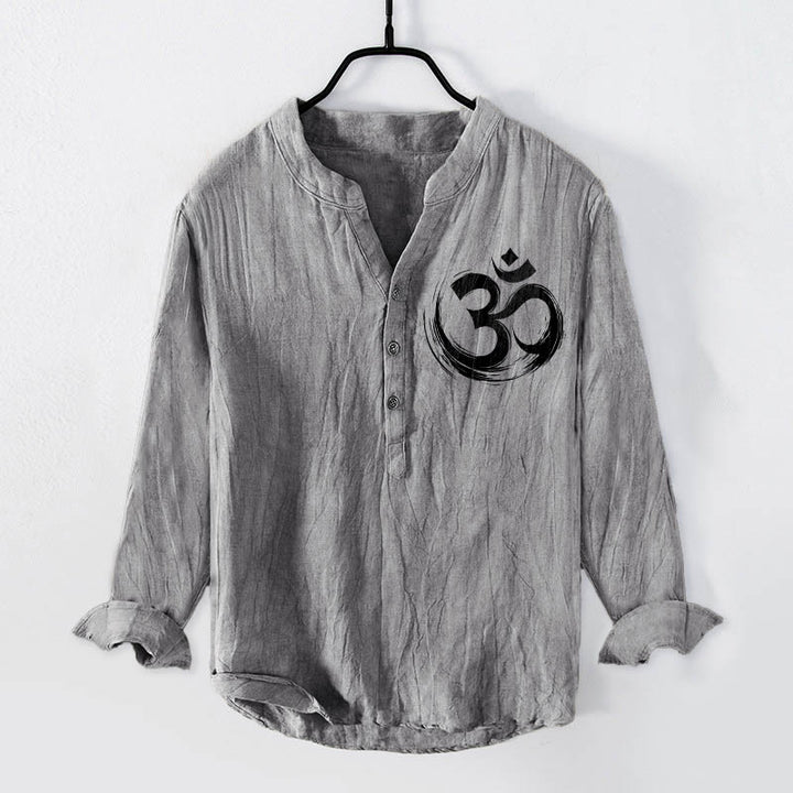 Buddha Stonesとオームシンボル柄のハーフボタンメンズコットンリネン長袖シャツ - グレー - US/UK/AU50、EU60 (5XL) - image 0