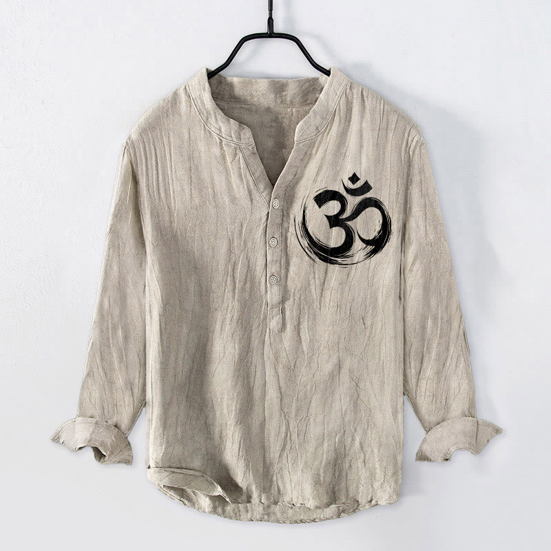 Buddha Stonesとオームシンボル柄のハーフボタンメンズコットンリネン長袖シャツ - リネン - US/UK/AU50、EU60 (5XL) - image 3