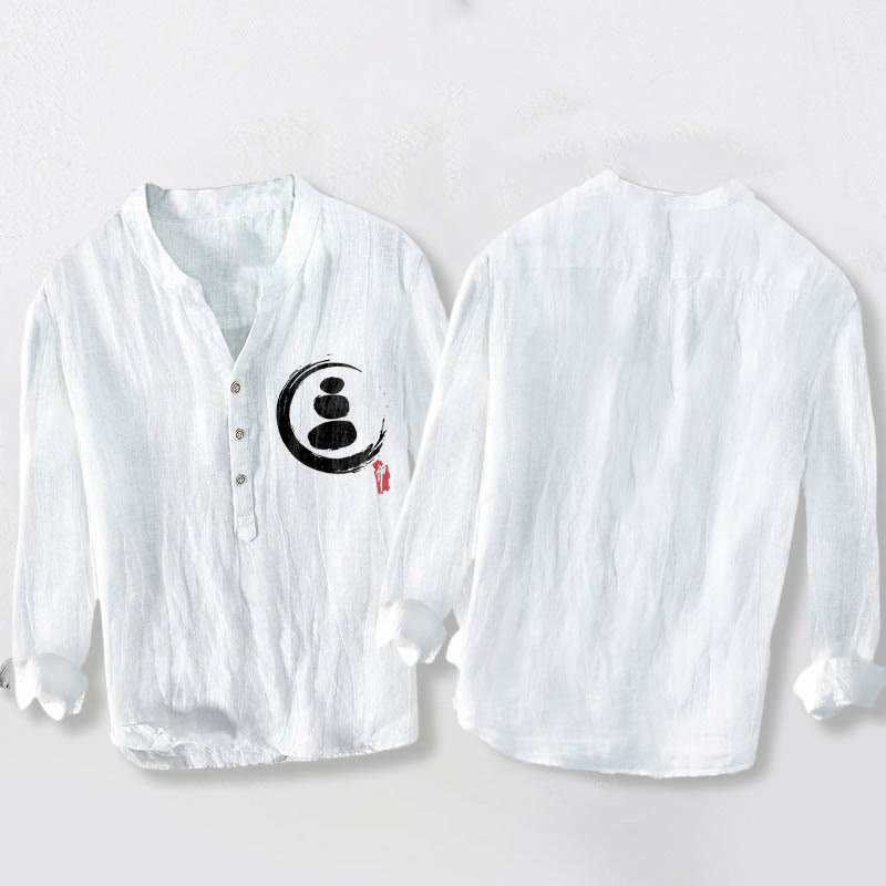 Buddha Stones禅石柄 ハーフボタン メンズ コットンリネン 長袖シャツ - image 8