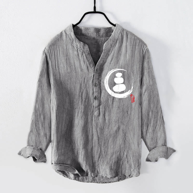 Buddha Stones禅石柄 ハーフボタン メンズ コットンリネン 長袖シャツ - グレー - US/UK/AU50、EU60 (5XL) - image 0