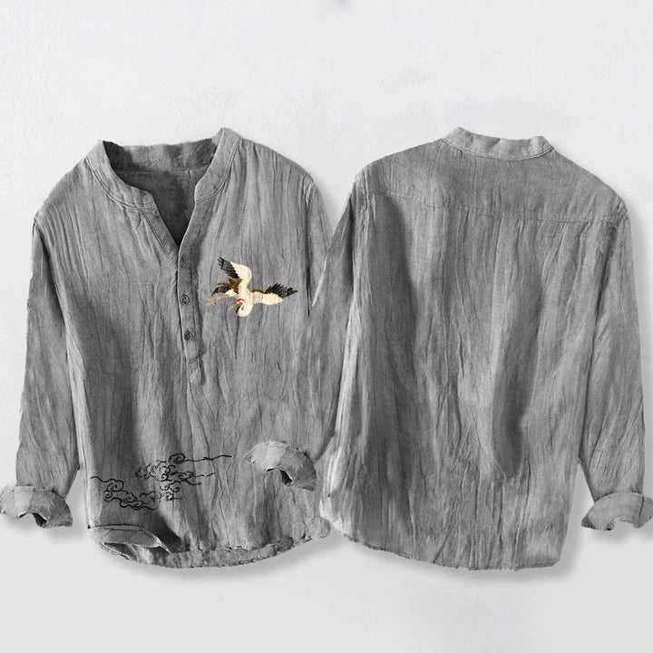 Buddha Stones、鶴、吉兆の雲模様、半ボタン、メンズコットンリネン長袖シャツ - image 2