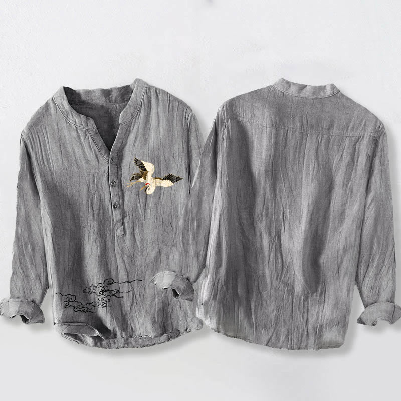 Buddha Stones、鶴、吉兆の雲模様、半ボタン、メンズコットンリネン長袖シャツ - image 2