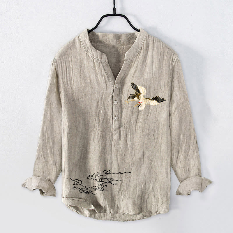 Buddha Stones、鶴、吉兆の雲模様、半ボタン、メンズコットンリネン長袖シャツ - リネン - US/UK/AU50、EU60 (5XL) - image 3