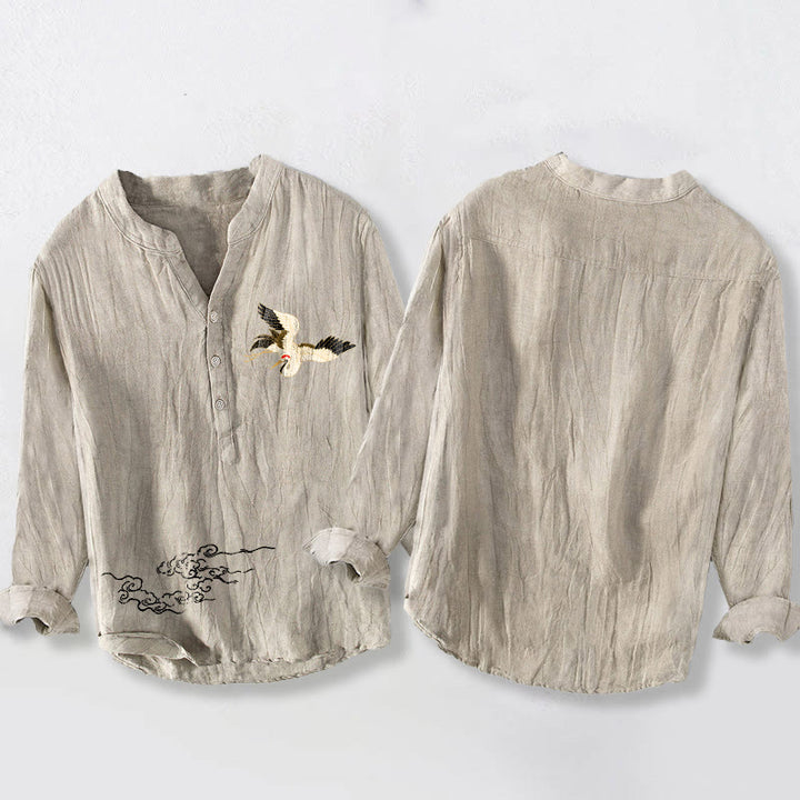 Buddha Stones、鶴、吉兆の雲模様、半ボタン、メンズコットンリネン長袖シャツ - image 5