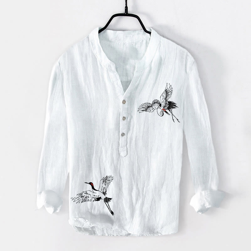 Buddha Stonesタンチョウ鶴柄 半ボタン メンズ コットンリネン 長袖シャツ - 白 - US/UK/AU50、EU60 (5XL) - image 0