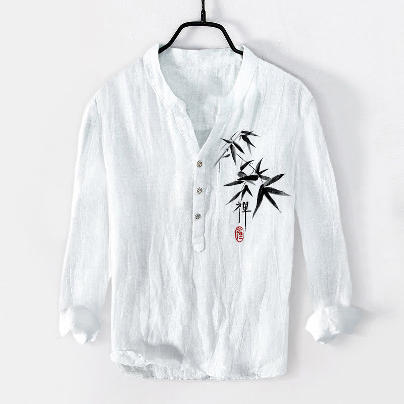 Buddha Stonesと竹の禅キャラクター柄 ハーフボタン メンズ コットンリネン 長袖シャツ - 白 - US/UK/AU50、EU60 (5XL) - image 6