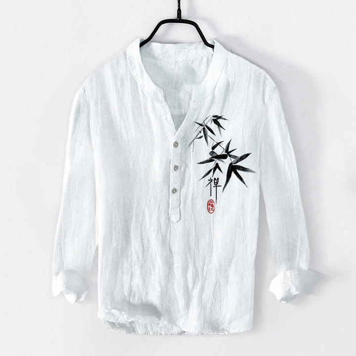 Buddha Stonesと竹の禅キャラクター柄 ハーフボタン メンズ コットンリネン 長袖シャツ - 白 - US/UK/AU50、EU60 (5XL) - image 6