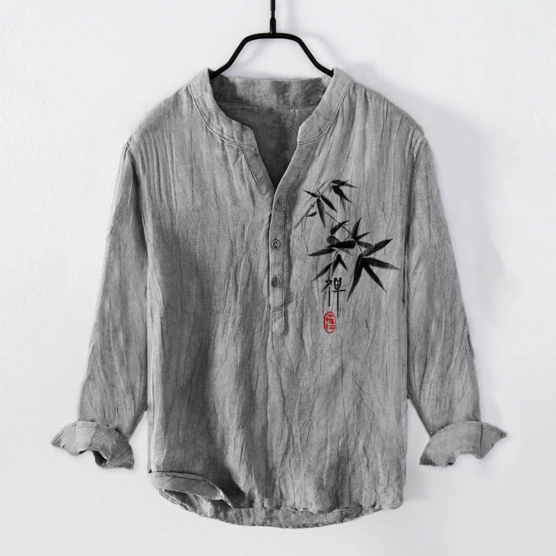 Buddha Stonesと竹の禅キャラクター柄 ハーフボタン メンズ コットンリネン 長袖シャツ - グレー - US/UK/AU50、EU60（5XL） - image 3
