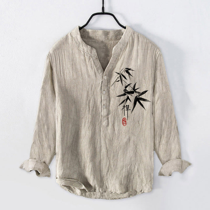 Buddha Stonesと竹の禅キャラクター柄 ハーフボタン メンズ コットンリネン 長袖シャツ - リネン - US/UK/AU50、EU60（5XL） - image 0