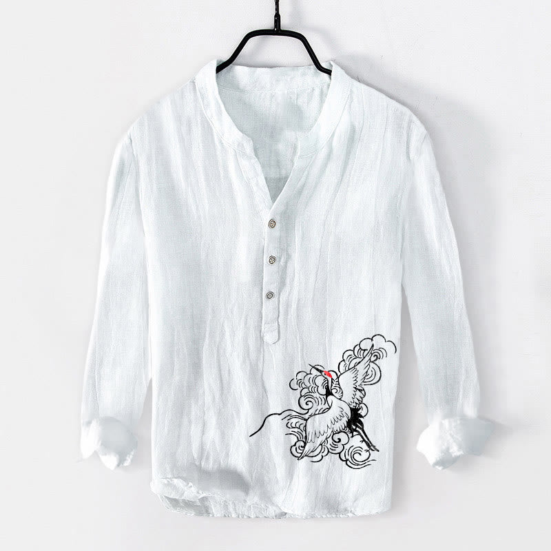 Buddha Stonesと丹頂鶴の雲模様の半ボタンメンズコットンリネン長袖シャツ - 白 - US/UK/AU50、EU60 (5XL) - image 6