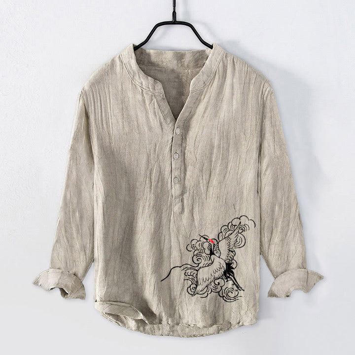 Buddha Stonesと丹頂鶴の雲模様の半ボタンメンズコットンリネン長袖シャツ - リネン - US/UK/AU50、EU60 (5XL) - image 0