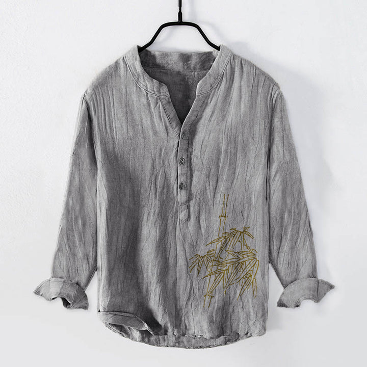 Buddha Stonesと竹の葉模様のハーフボタンメンズコットンリネン長袖シャツ - グレー - US/UK/AU50、EU60 (5XL) - image 3