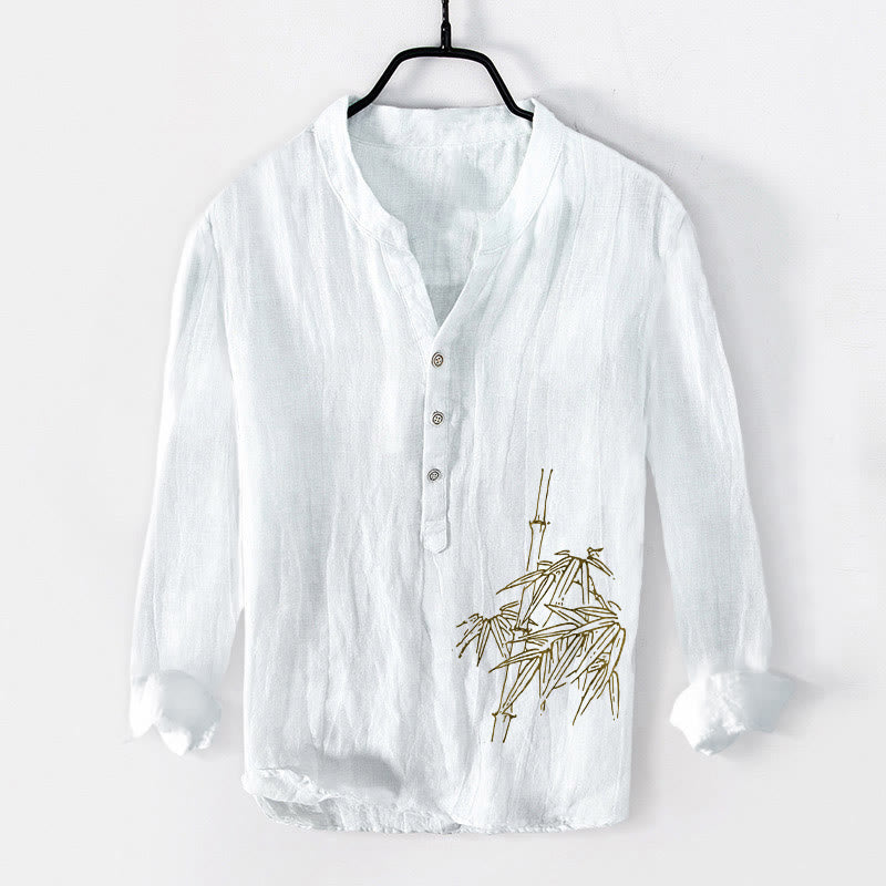 Buddha Stonesと竹の葉模様のハーフボタンメンズコットンリネン長袖シャツ - 白 - US/UK/AU50、EU60 (5XL) - image 0