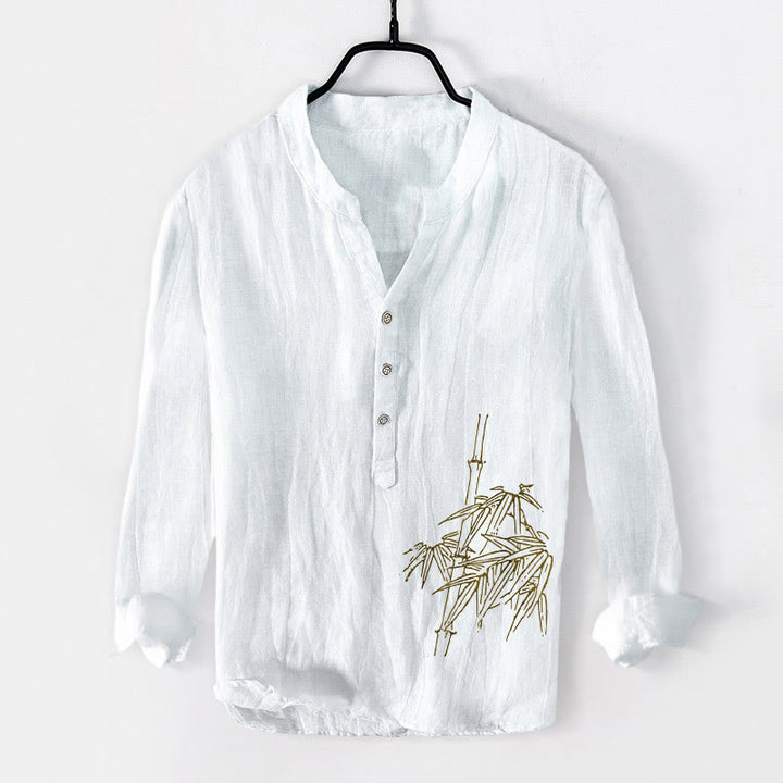 Buddha Stonesと竹の葉模様のハーフボタンメンズコットンリネン長袖シャツ - 白 - US/UK/AU50、EU60 (5XL) - image 0