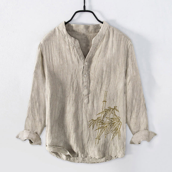 Buddha Stonesと竹の葉模様のハーフボタンメンズコットンリネン長袖シャツ - リネン - US/UK/AU50、EU60 (5XL) - image 6