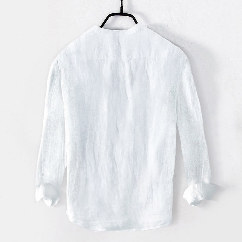 Buddha Stonesと緑の竹の葉柄 ハーフボタン メンズ コットンリネン 長袖シャツ - image 7