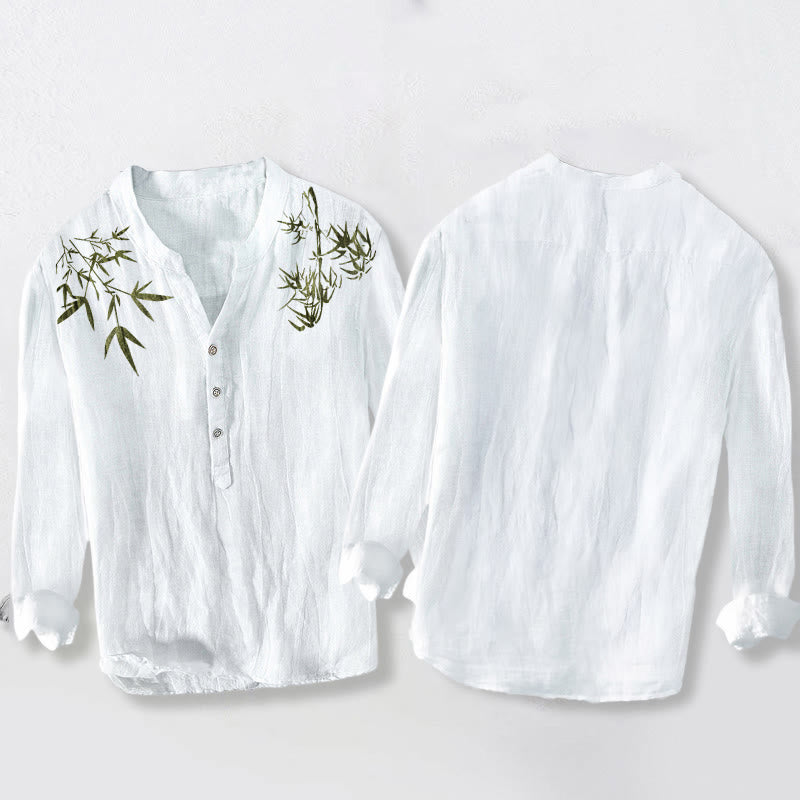 Buddha Stonesと緑の竹の葉柄 ハーフボタン メンズ コットンリネン 長袖シャツ - image 8
