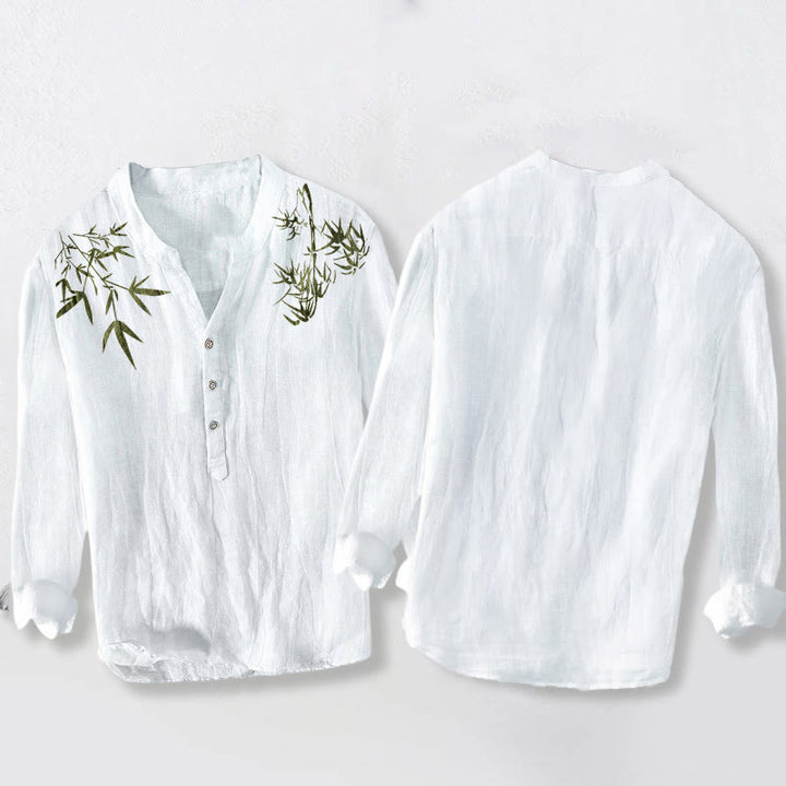 Buddha Stonesと緑の竹の葉柄 ハーフボタン メンズ コットンリネン 長袖シャツ - image 8