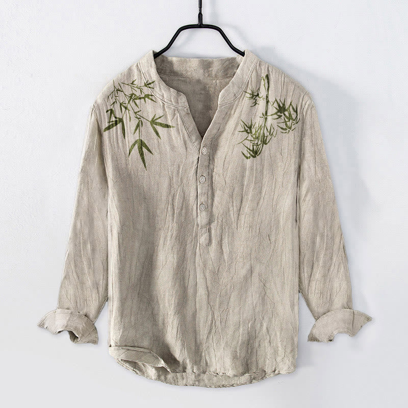 Buddha Stonesと緑の竹の葉柄 ハーフボタン メンズ コットンリネン 長袖シャツ - リネン - US/UK/AU50、EU60 (5XL) - image 0