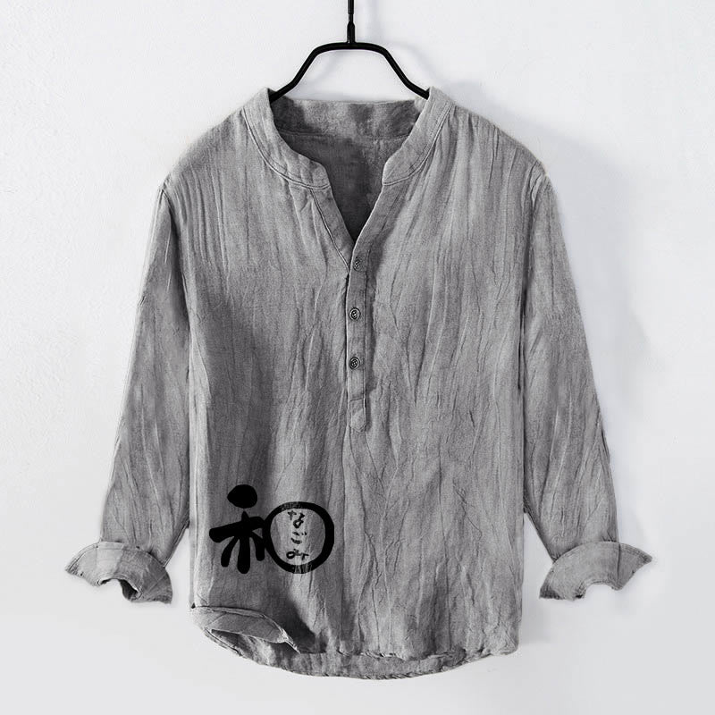 Buddha Stonesと漢字のハーモニー柄 ハーフボタン メンズ コットンリネン 長袖シャツ - グレー - US/UK/AU50、EU60 (5XL) - image 6
