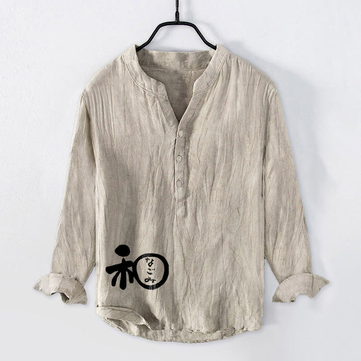 Buddha Stonesと漢字のハーモニー柄 ハーフボタン メンズ コットンリネン 長袖シャツ - リネン - US/UK/AU50、EU60 (5XL) - image 3