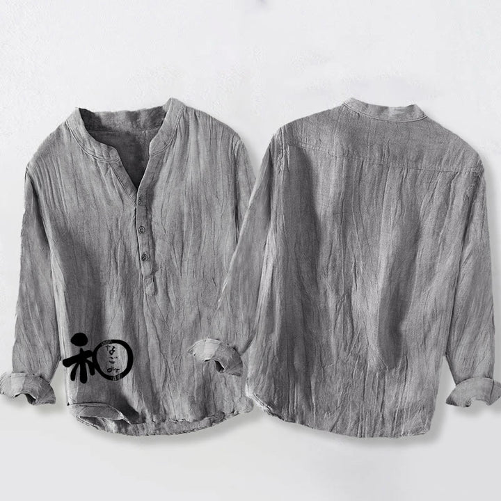 Buddha Stonesと漢字のハーモニー柄 ハーフボタン メンズ コットンリネン 長袖シャツ - image 8