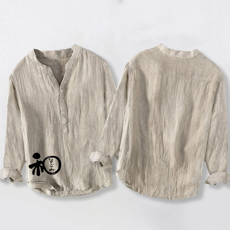 Buddha Stonesと漢字のハーモニー柄 ハーフボタン メンズ コットンリネン 長袖シャツ - image 5