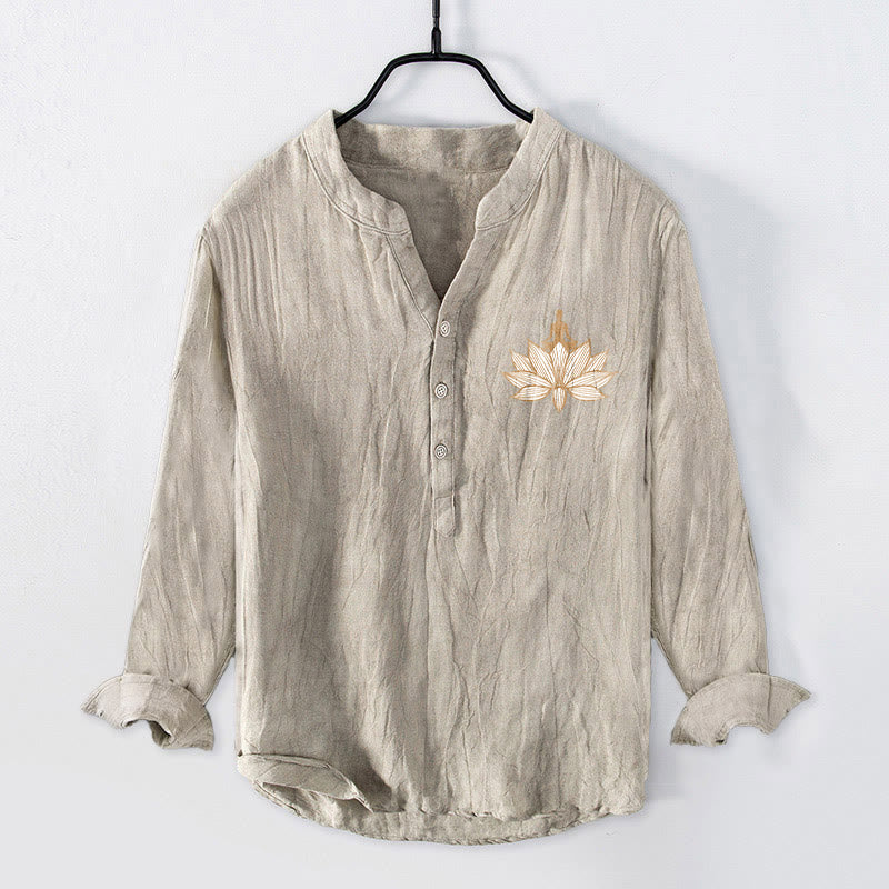 Buddha Stonesと瞑想する人 蓮の模様 ハーフボタン メンズ コットンリネン 長袖シャツ - image 4