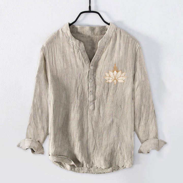 Buddha Stonesと瞑想する人 蓮の模様 ハーフボタン メンズ コットンリネン 長袖シャツ - image 4
