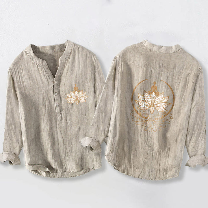 Buddha Stonesと瞑想する人 蓮の模様 ハーフボタン メンズ コットンリネン 長袖シャツ - リネン - US/UK/AU50、EU60 (5XL) - image 3