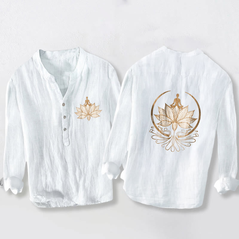Buddha Stonesと瞑想する人 蓮の模様 ハーフボタン メンズ コットンリネン 長袖シャツ - 白 - US/UK/AU50、EU60 (5XL) - image 6