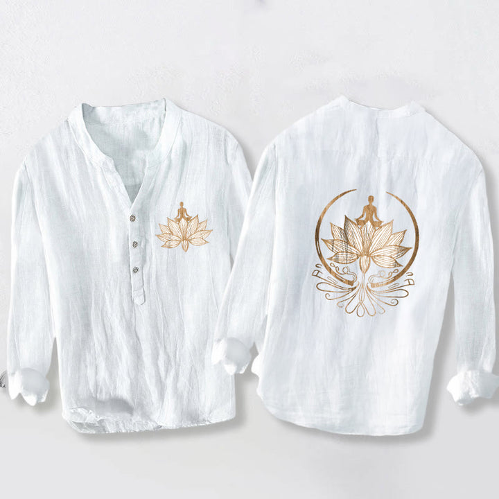 Buddha Stonesと瞑想する人 蓮の模様 ハーフボタン メンズ コットンリネン 長袖シャツ - 白 - US/UK/AU50、EU60（5XL） - image 6