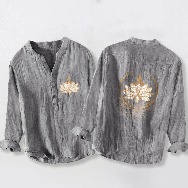 Buddha Stonesと瞑想する人 蓮の模様 ハーフボタン メンズ コットンリネン 長袖シャツ - グレー - US/UK/AU50、EU60 (5XL) - image 0