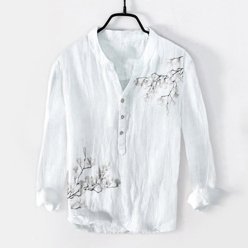 Buddha Stones、マグノリアの花、枝柄、ハーフボタン、メンズコットンリネン長袖シャツ - 白 - US/UK/AU50、EU60 (5XL) - image 6