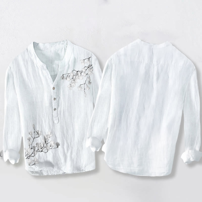 Buddha Stones、マグノリアの花、枝柄、ハーフボタン、メンズコットンリネン長袖シャツ - image 8