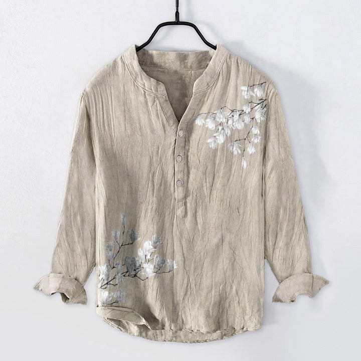 Buddha Stones、マグノリアの花、枝柄、ハーフボタン、メンズコットンリネン長袖シャツ - リネン - US/UK/AU50、EU60 (5XL) - image 3