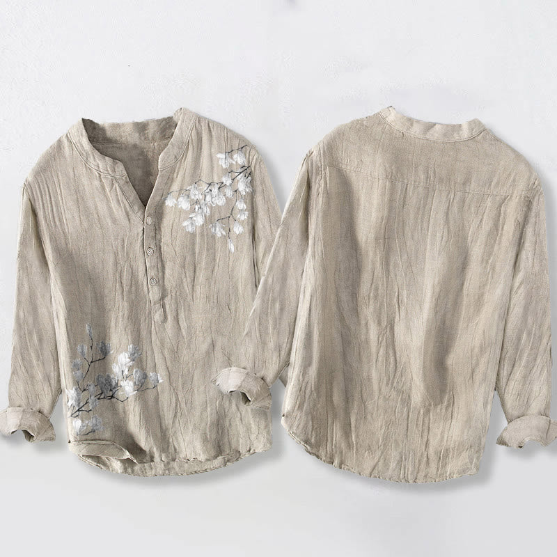 Buddha Stones、マグノリアの花、枝柄、ハーフボタン、メンズコットンリネン長袖シャツ - image 5